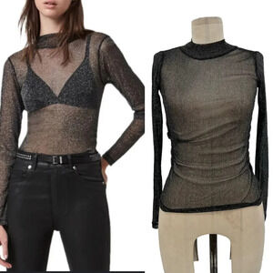 AllSaints Francesco Metallic T-Shirt Top Sheer‎ Long Sleeve Black Silver Size 00